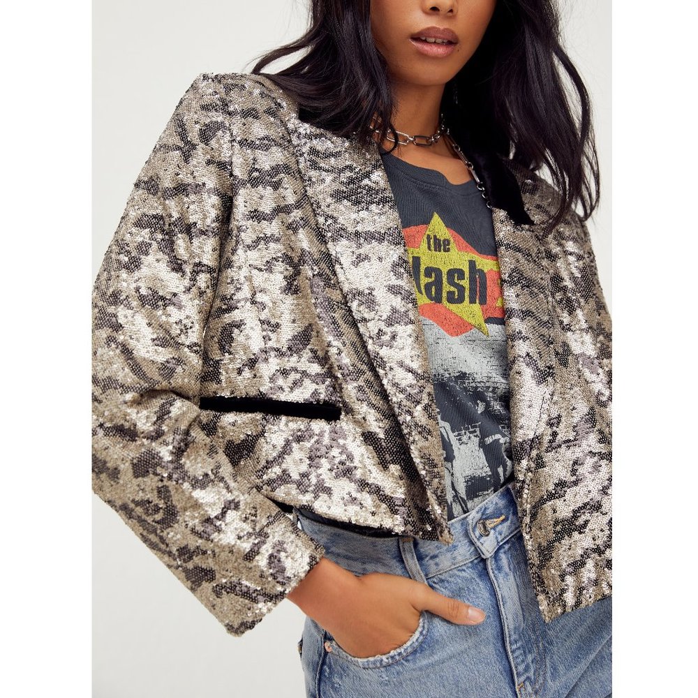 Free People Ari Sequin Cropped Blazer / Tiger Print